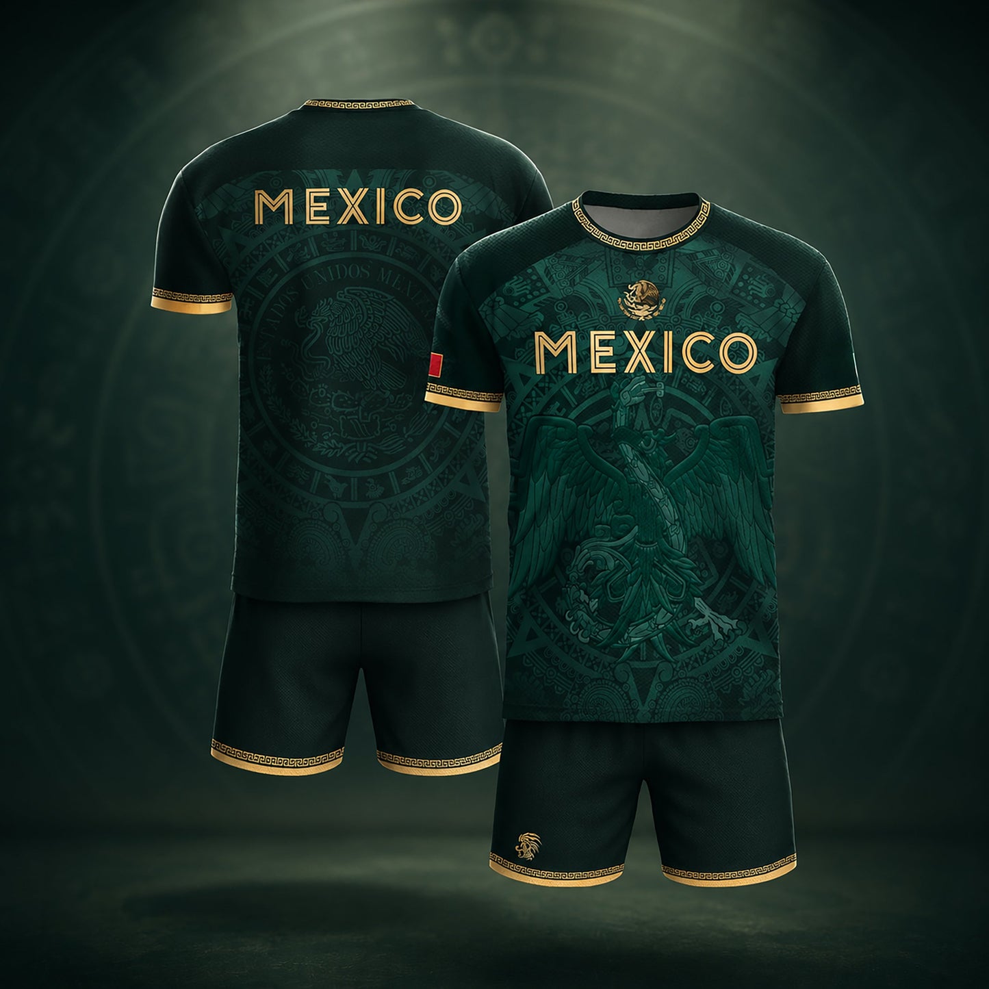 SJ-349-Green Mexico Soccer Jersey, Gold Eagle Seal Pattern Athletic Sportswear Collection Outfit
