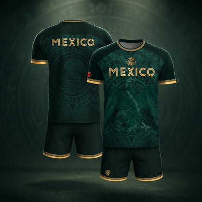 SJ-349-Green Mexico Soccer Jersey, Gold Eagle Seal Pattern Athletic Sportswear Collection Outfit