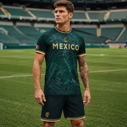 SJ-349-Green Mexico Soccer Jersey, Gold Eagle Seal Pattern Athletic Sportswear Collection Outfit