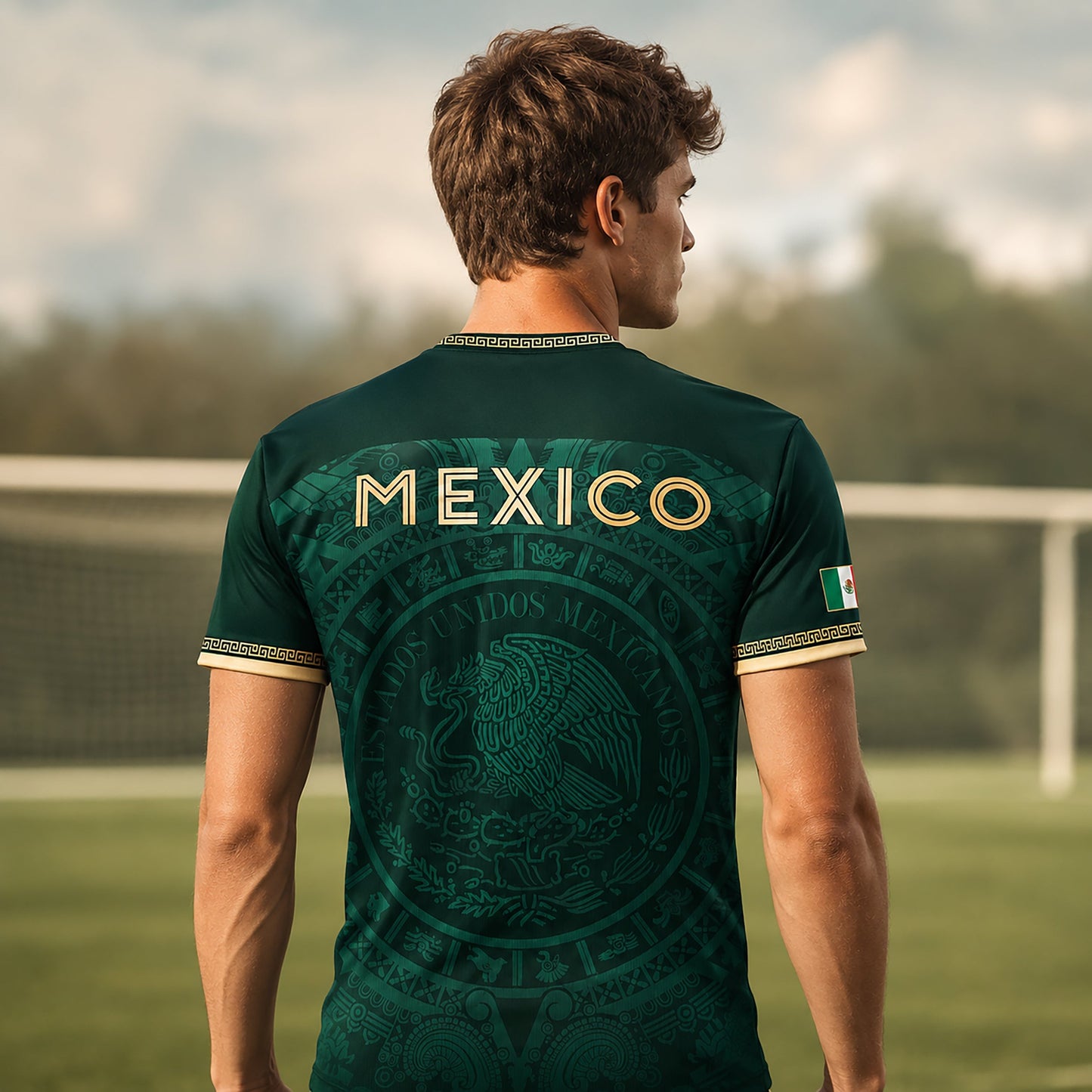SJ-349-Green Mexico Soccer Jersey, Gold Eagle Seal Pattern Athletic Sportswear Collection Outfit