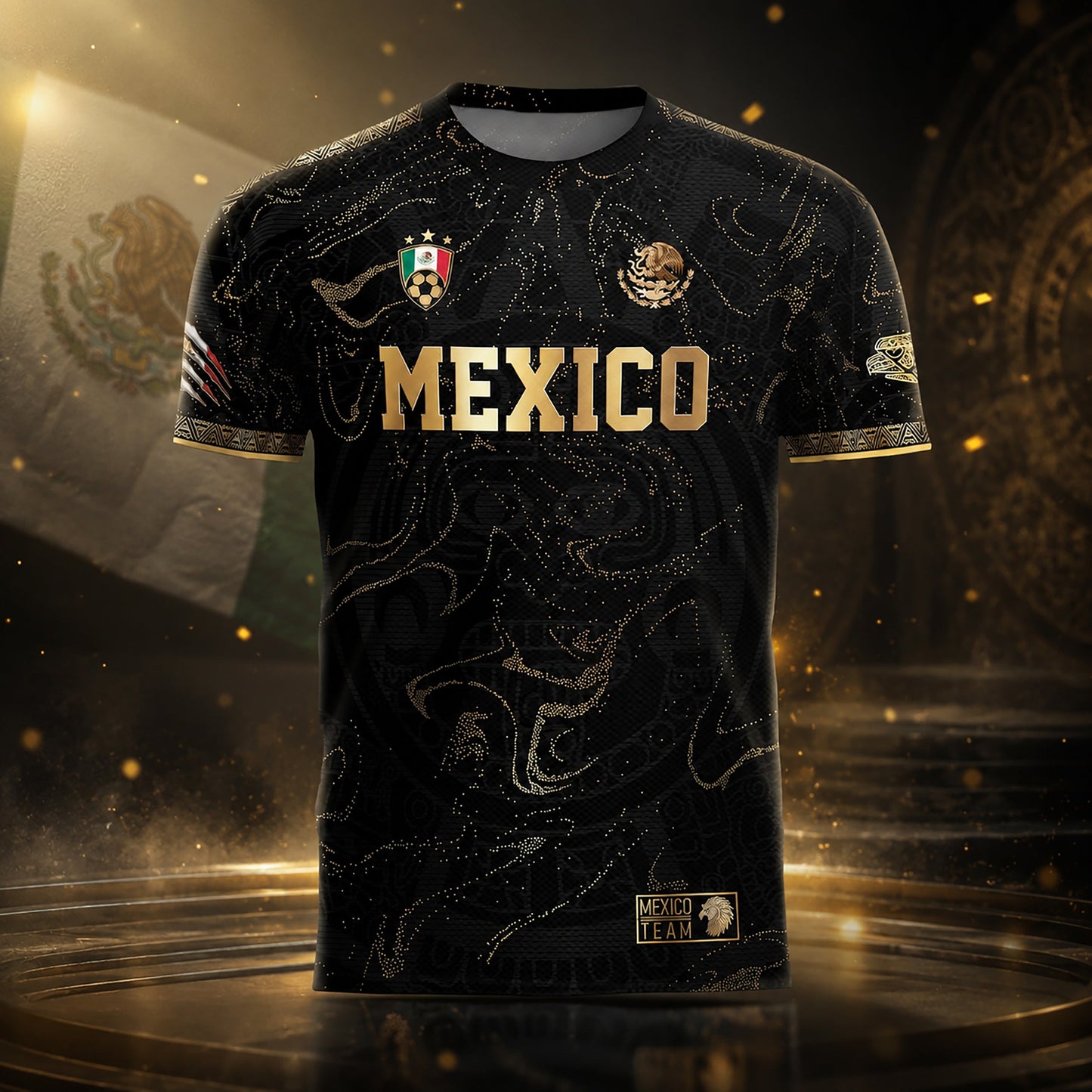 SJ-448-Exclusive Black And Gold Metallic Map Graphic Mexico National Football Team Soccer Jersey