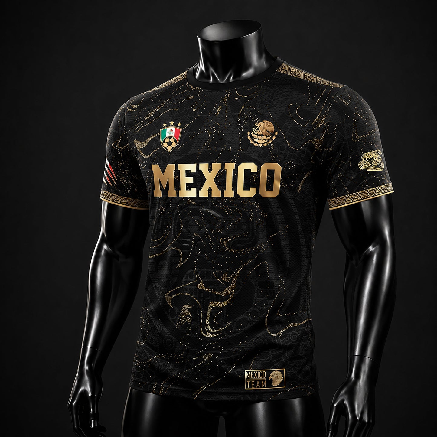 SJ-448-Exclusive Black And Gold Metallic Map Graphic Mexico National Football Team Soccer Jersey