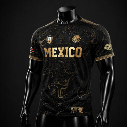 SJ-448-Exclusive Black And Gold Metallic Map Graphic Mexico National Football Team Soccer Jersey