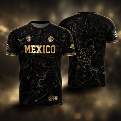 SJ-448-Exclusive Black And Gold Metallic Map Graphic Mexico National Football Team Soccer Jersey
