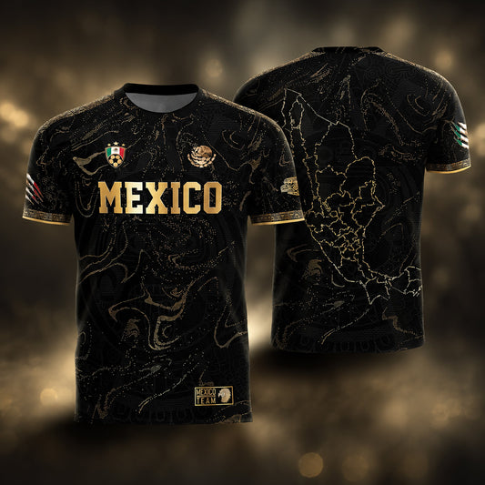 SJ-448-Exclusive Black And Gold Metallic Map Graphic Mexico National Football Team Soccer Jersey