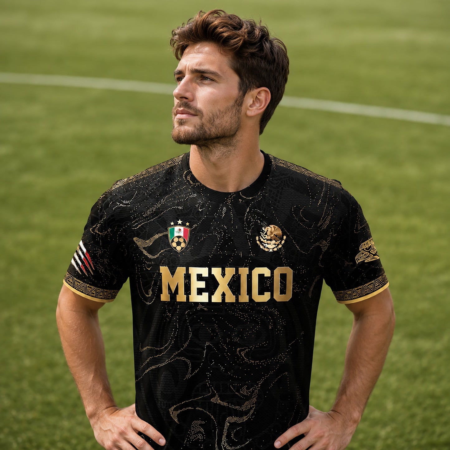 SJ-448-Exclusive Black And Gold Metallic Map Graphic Mexico National Football Team Soccer Jersey