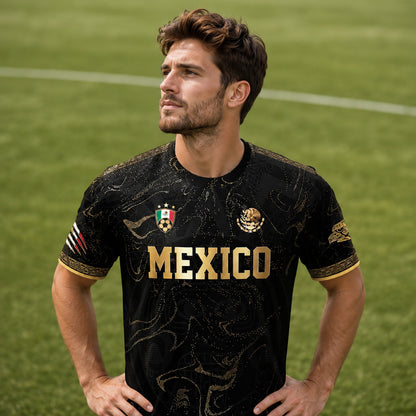 SJ-448-Exclusive Black And Gold Metallic Map Graphic Mexico National Football Team Soccer Jersey