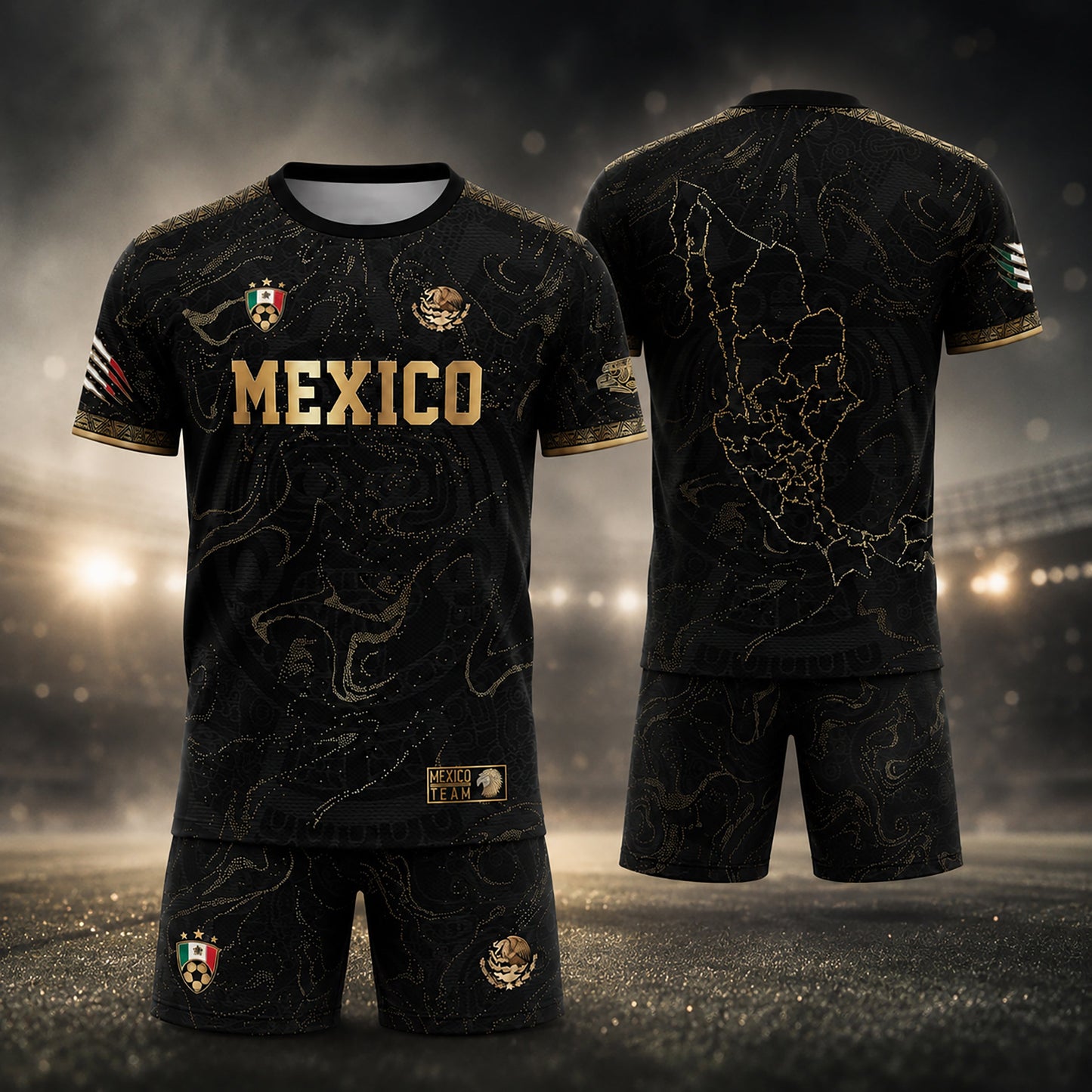 SJ-448-Exclusive Black And Gold Metallic Map Graphic Mexico National Football Team Soccer Jersey