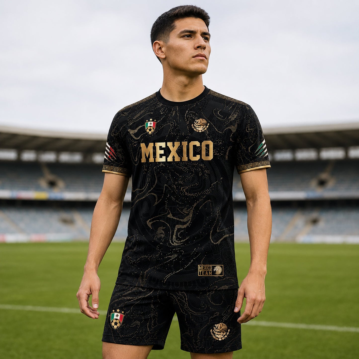 SJ-448-Exclusive Black And Gold Metallic Map Graphic Mexico National Football Team Soccer Jersey