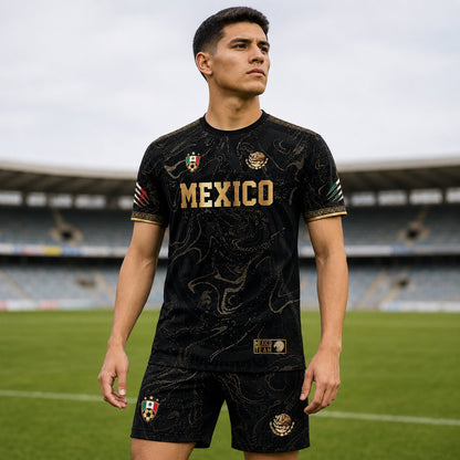 SJ-448-Exclusive Black And Gold Metallic Map Graphic Mexico National Football Team Soccer Jersey