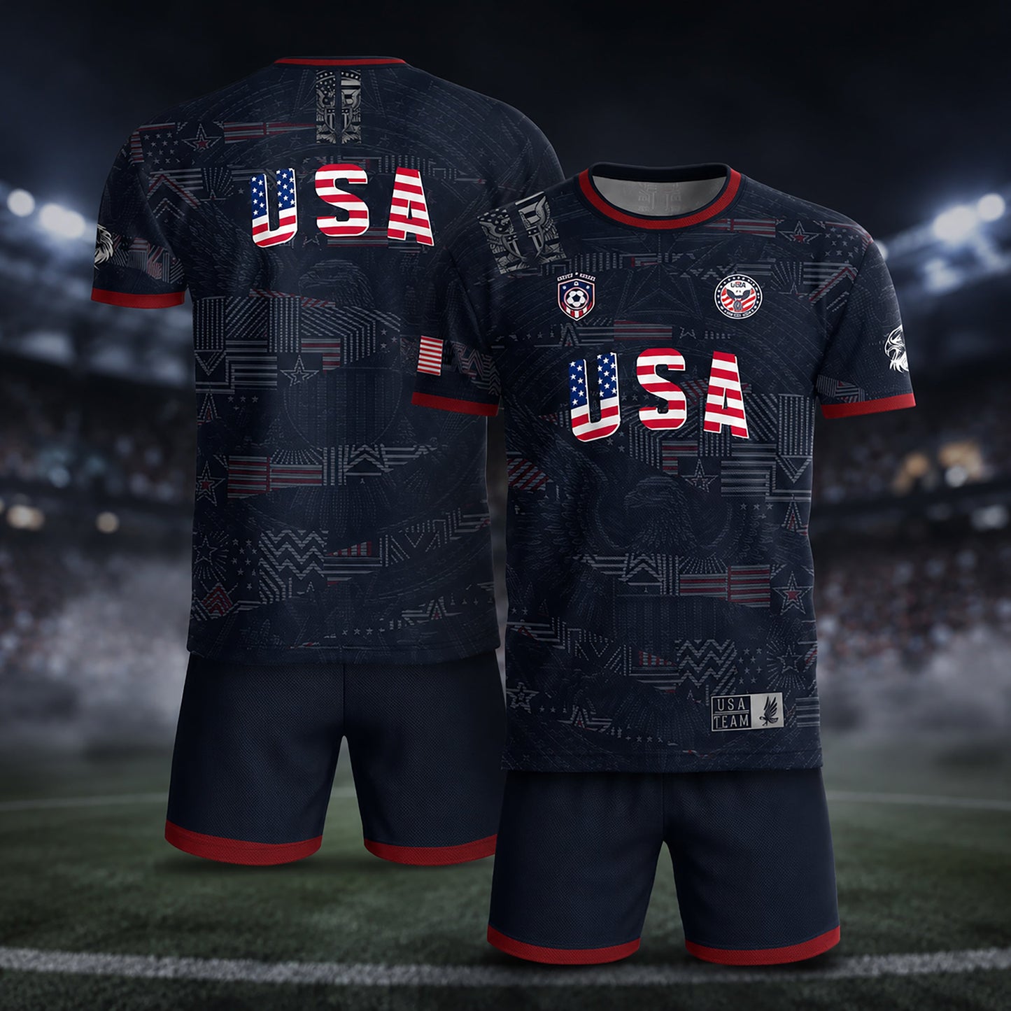 SJ-449-USA National Team Patriotic Flag Graphic Dark Navy Blue Football Soccer Jersey Uniform Set