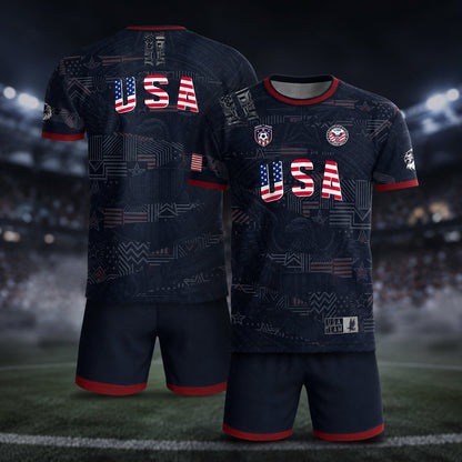 SJ-449-USA National Team Patriotic Flag Graphic Dark Navy Blue Football Soccer Jersey Uniform Set