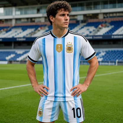 SJ-454-Adult/Youth Argentina Home And Away Soccer Uniform Set Featuring Printed Messi Autograph On The Back