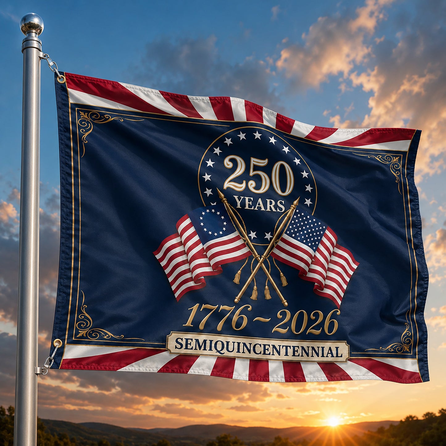 FLG-279-250 Years American Semiquincentennial Patriotic Garden House Flag Combo, 1776-2026 United States Celebration Banner