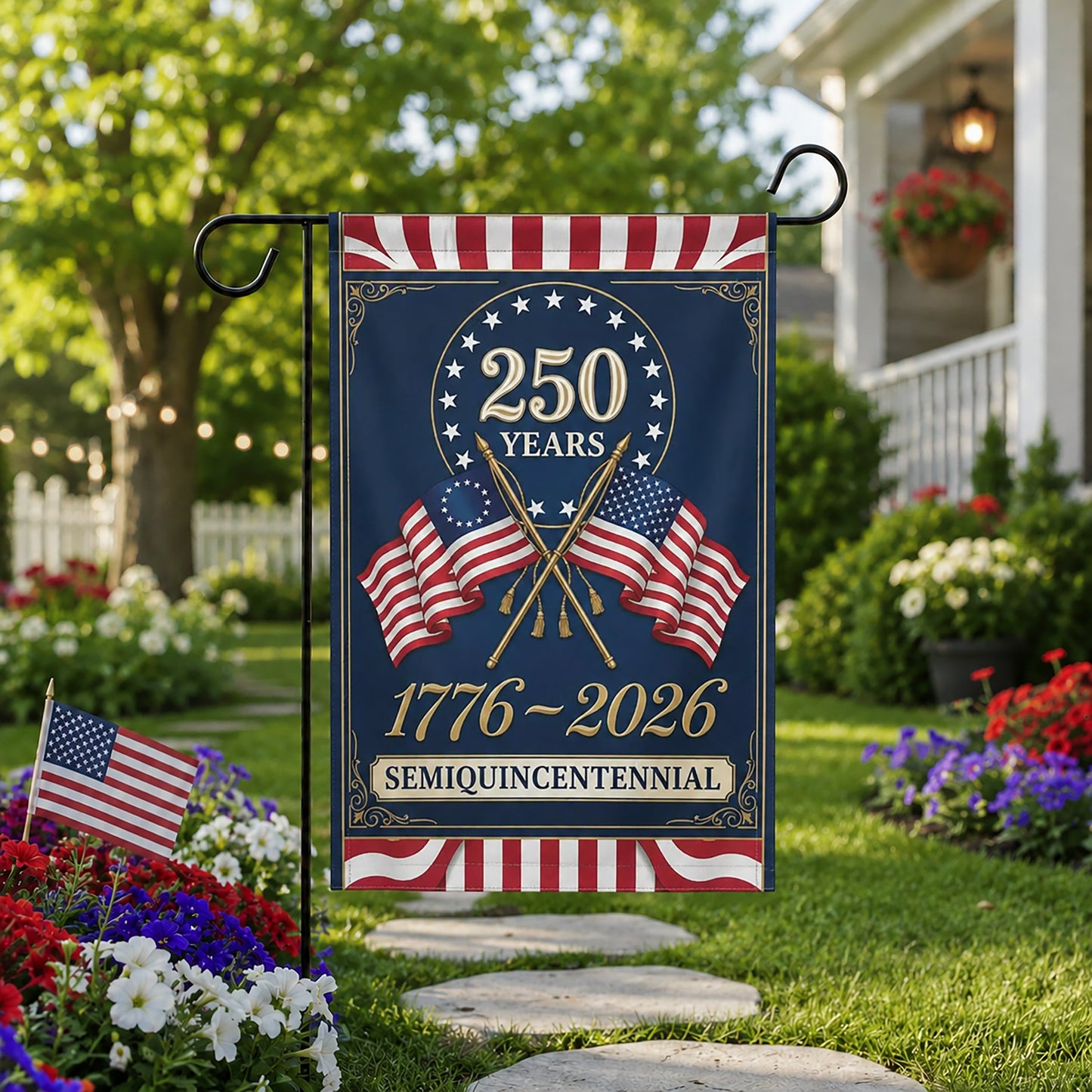 FLG-279-250 Years American Semiquincentennial Patriotic Garden House Flag Combo, 1776-2026 United States Celebration Banner