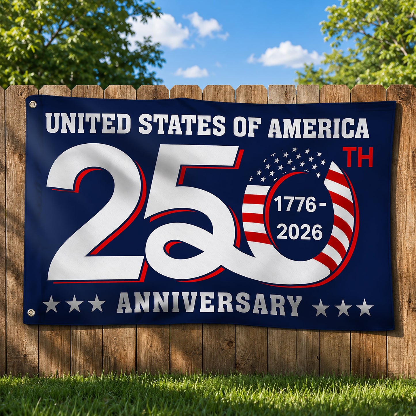 FLG-366-Blue Patriotic USA Flag, United States Semiquincentennial 250th Anniversary Celebration Banner Outdoor Decoration