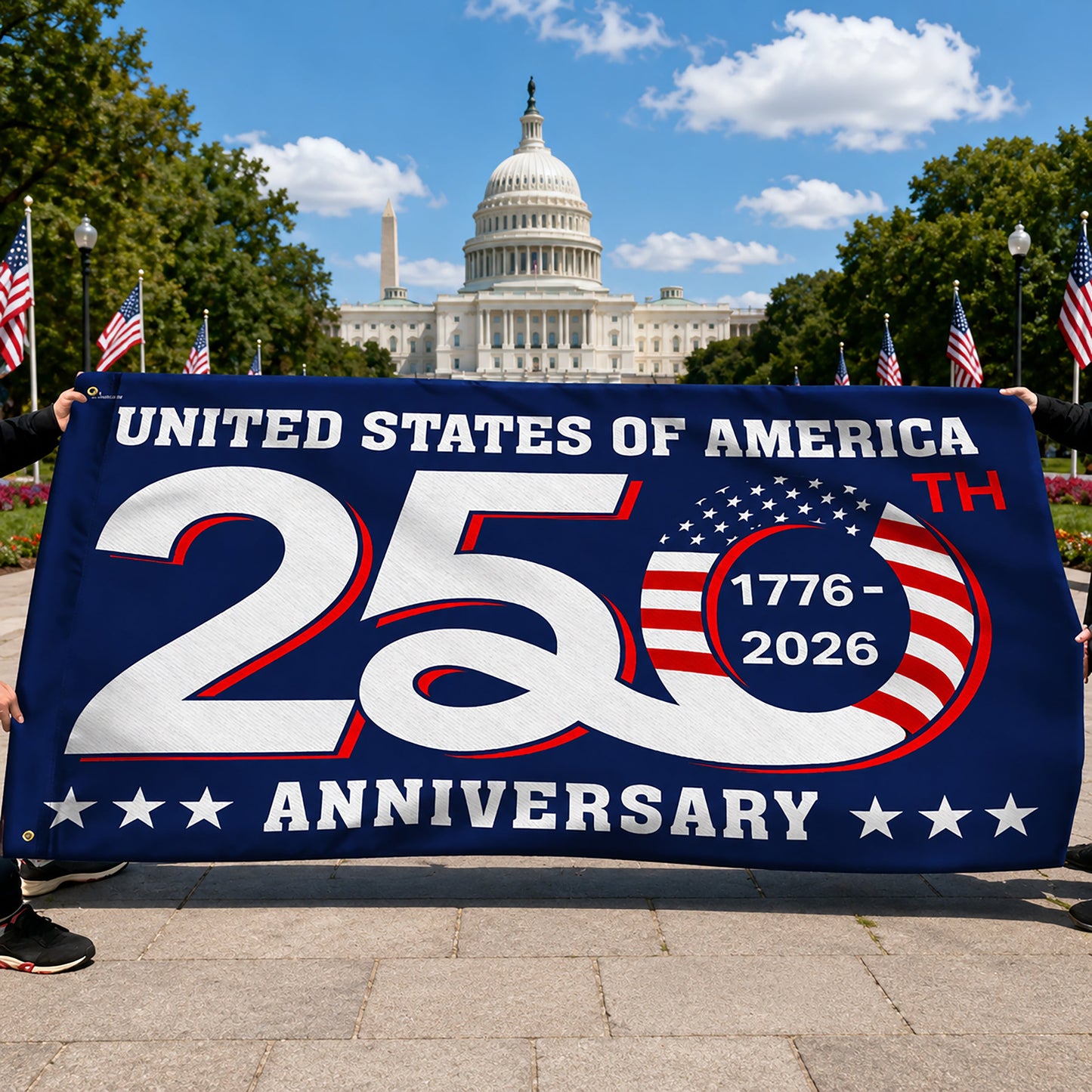 FLG-366-Blue Patriotic USA Flag, United States Semiquincentennial 250th Anniversary Celebration Banner Outdoor Decoration