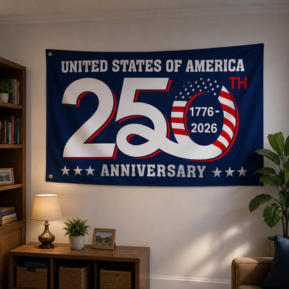 FLG-366-Blue Patriotic USA Flag, United States Semiquincentennial 250th Anniversary Celebration Banner Outdoor Decoration