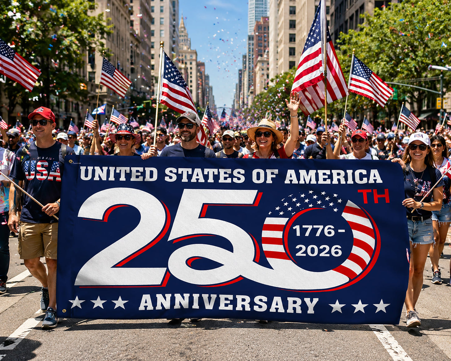 FLG-366-Blue Patriotic USA Flag, United States Semiquincentennial 250th Anniversary Celebration Banner Outdoor Decoration