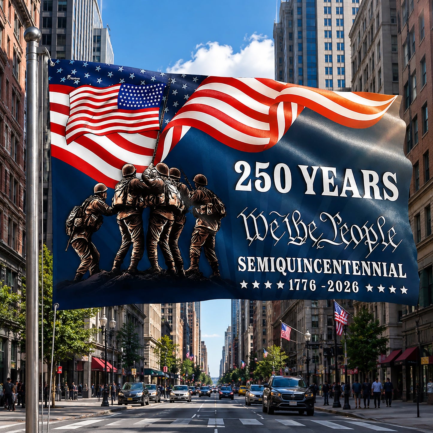 FLG-370-Blue Patriotic USA Flag, United States Semiquincentennial 250th Anniversary Soldiers Banner Outdoor Decoration