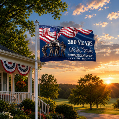 FLG-370-Blue Patriotic USA Flag, United States Semiquincentennial 250th Anniversary Soldiers Banner Outdoor Decoration