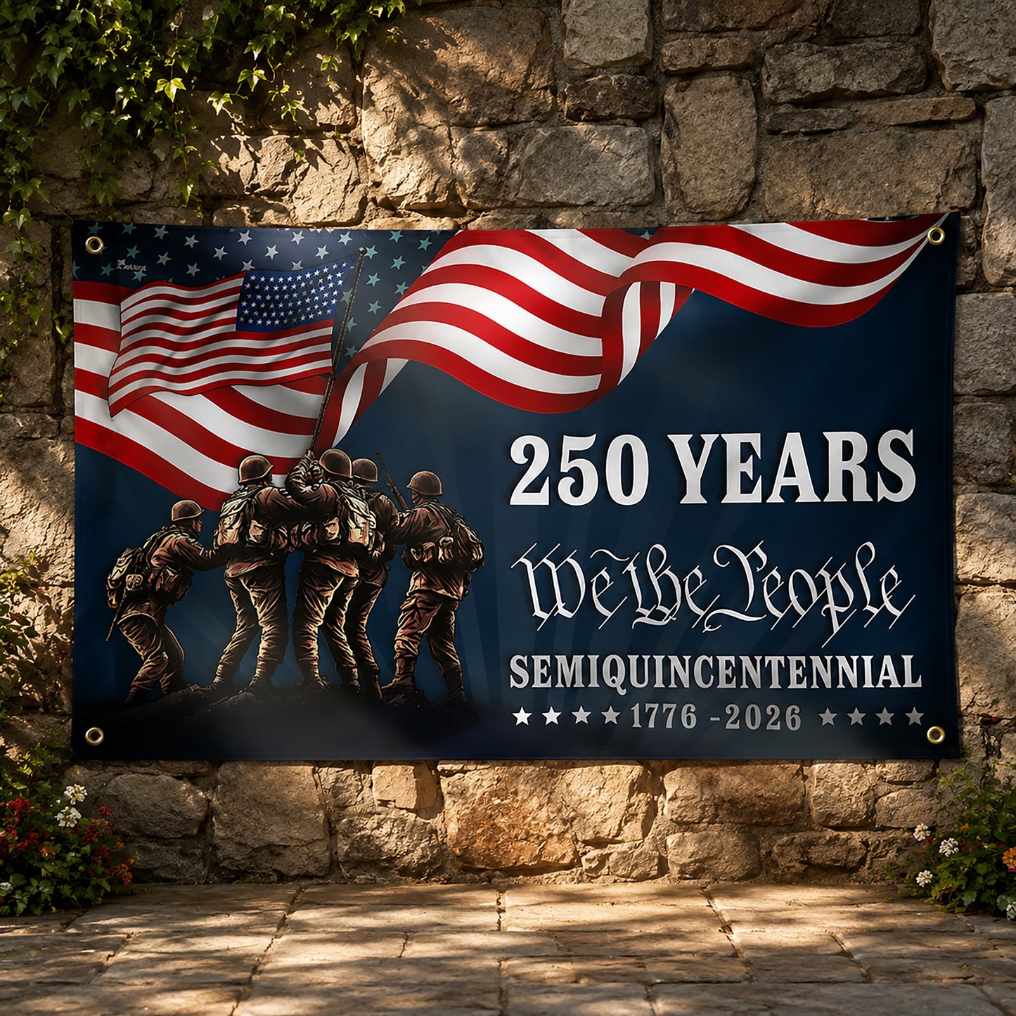 FLG-370-Blue Patriotic USA Flag, United States Semiquincentennial 250th Anniversary Soldiers Banner Outdoor Decoration