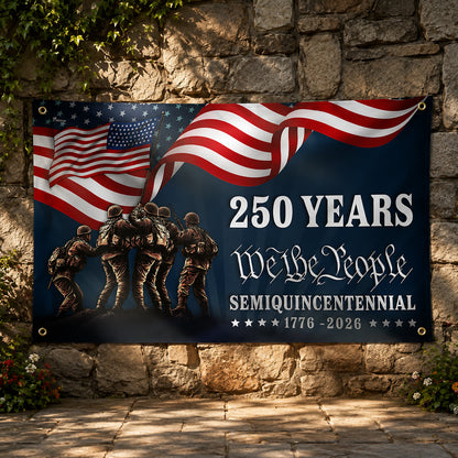 FLG-370-Blue Patriotic USA Flag, United States Semiquincentennial 250th Anniversary Soldiers Banner Outdoor Decoration