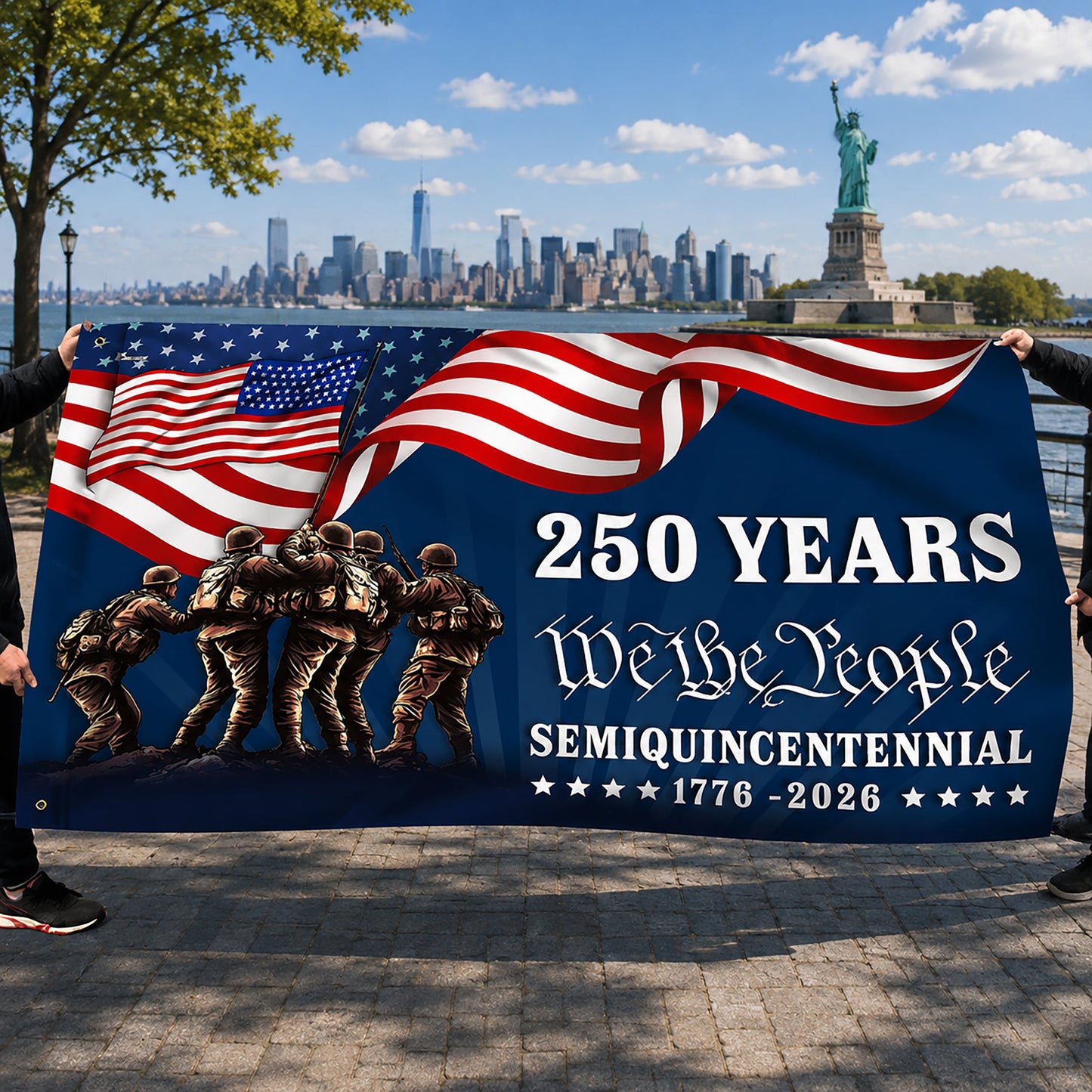FLG-370-Blue Patriotic USA Flag, United States Semiquincentennial 250th Anniversary Soldiers Banner Outdoor Decoration