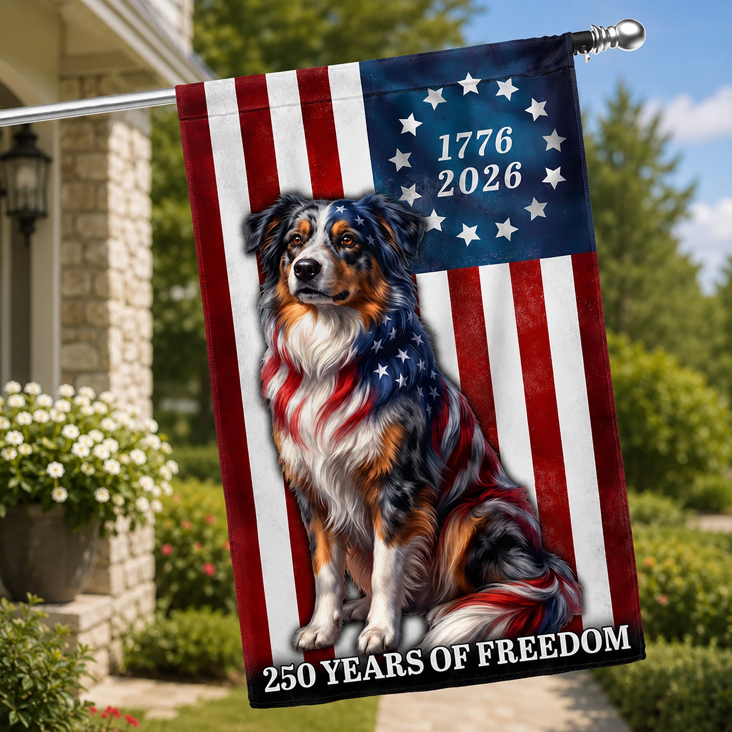 FLG-371-American 250 Years Dog Flag, Betsy Ross Style Independence Day Yard Lawn Banner