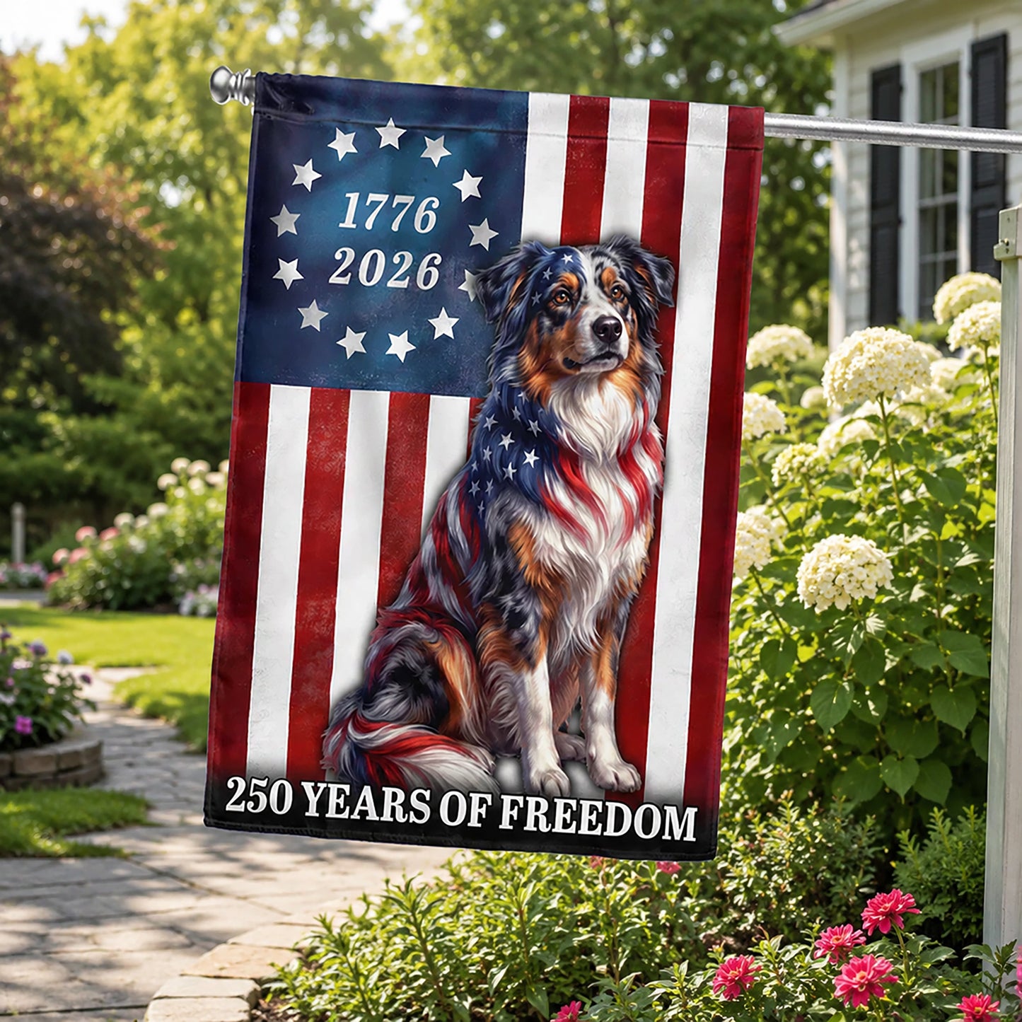 FLG-371-American 250 Years Dog Flag, Betsy Ross Style Independence Day Yard Lawn Banner