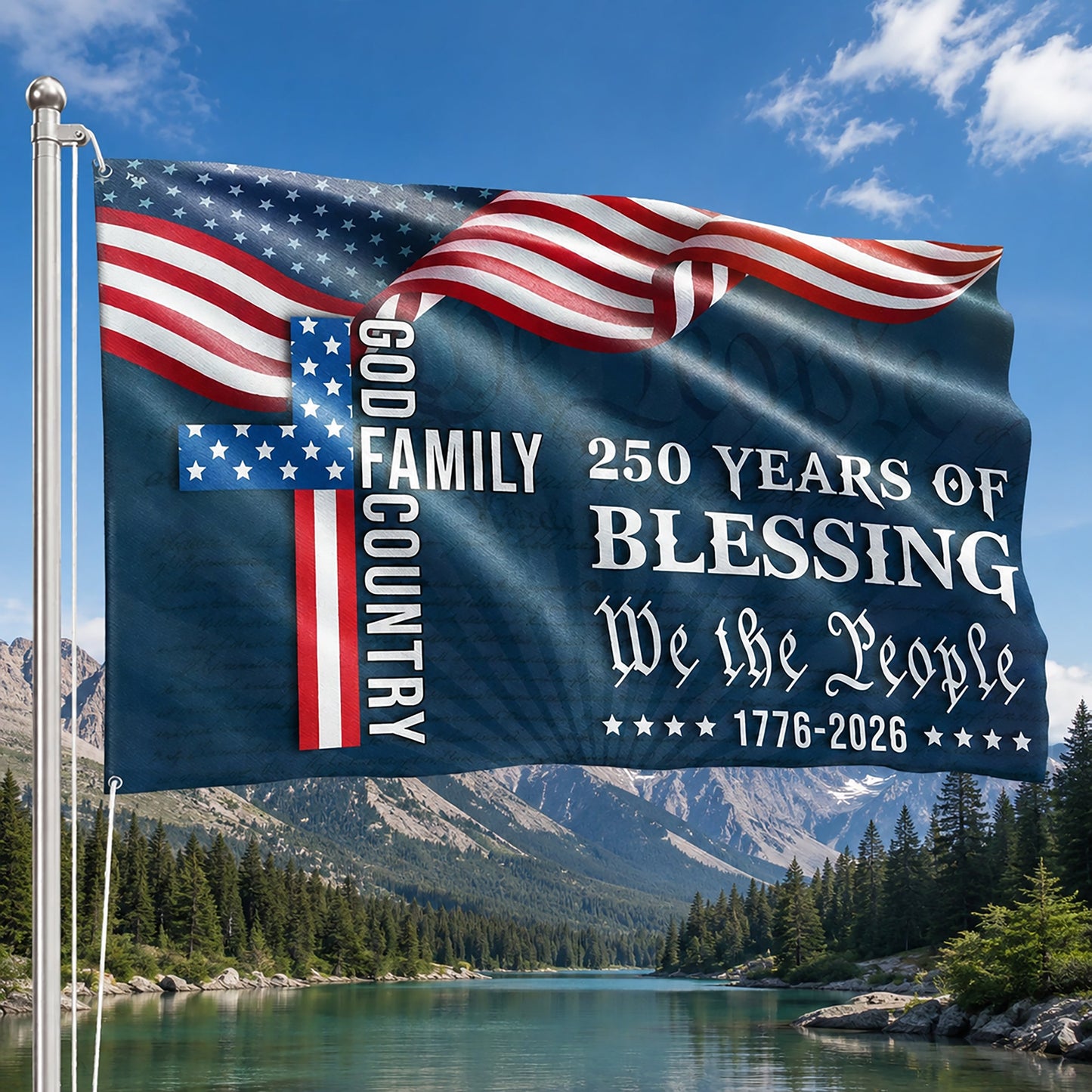 FLG-372-Navy Blue Patriotic Christian Cross Flag, United States Semiquincentennial 250th Anniversary Celebration Tapestry
