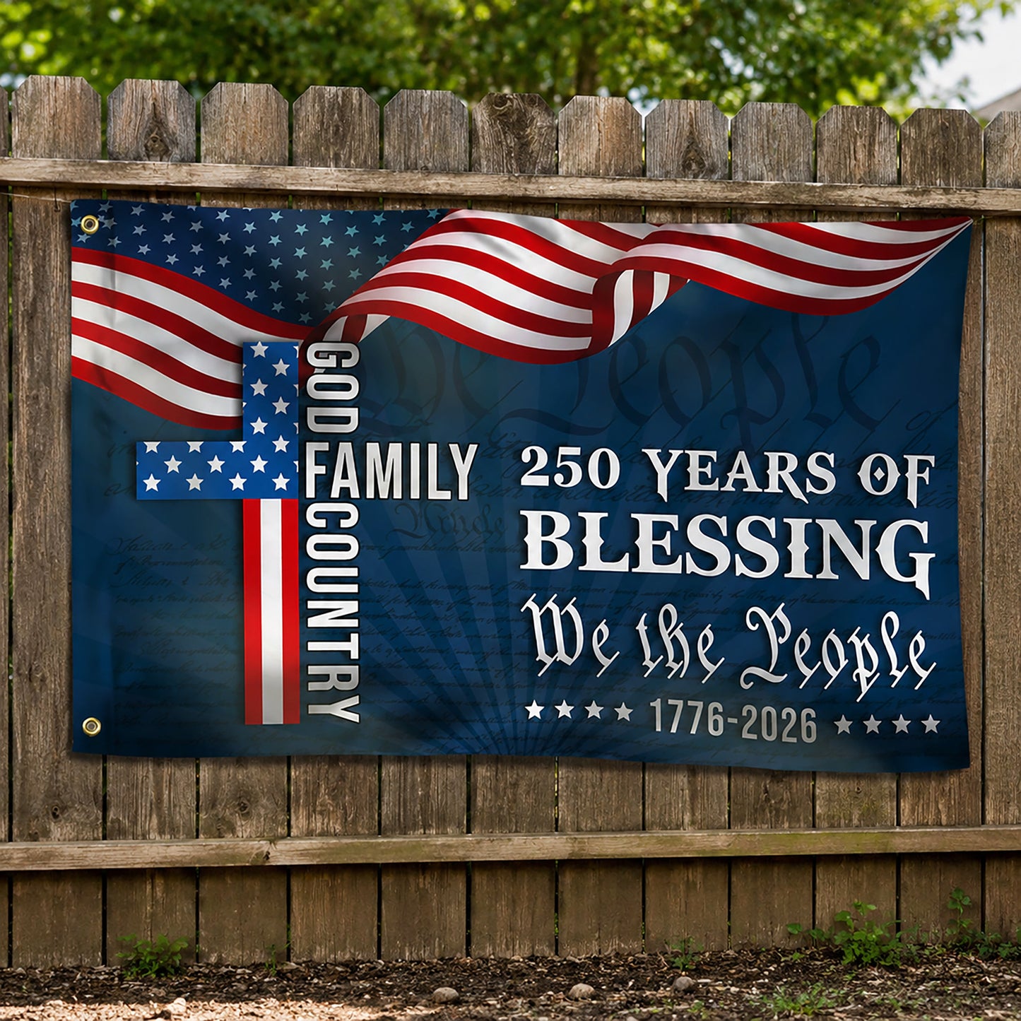 FLG-372-Navy Blue Patriotic Christian Cross Flag, United States Semiquincentennial 250th Anniversary Celebration Tapestry