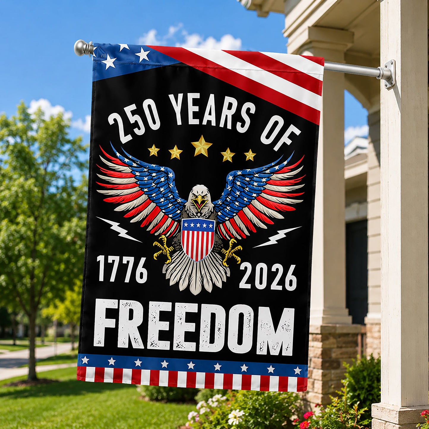 FLG-373-Black Patriotic USA Flag, United States Semiquincentennial 250th Anniversary Eagle Banner Outdoor Decoration