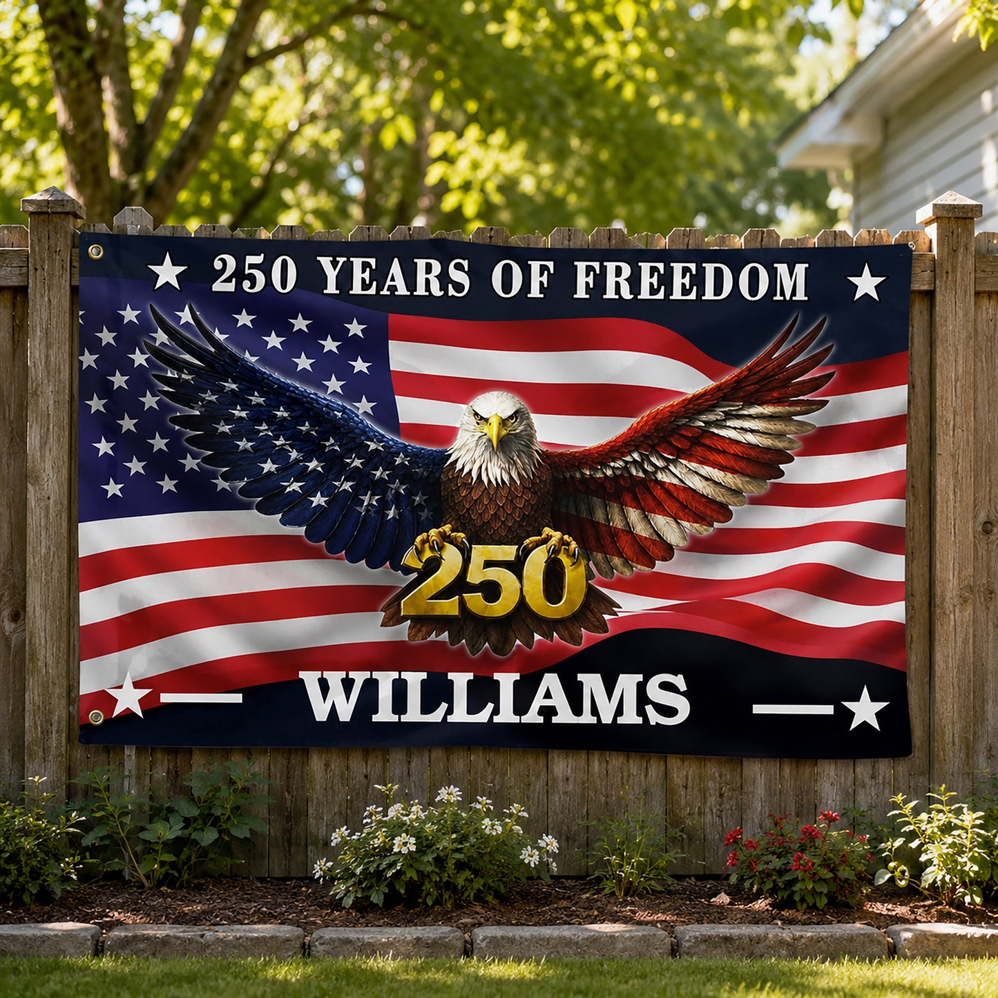 FLG-374-American Flag Bald Eagle Banner, 250 Years Freedom Independence Day Williams Family Home Decoration