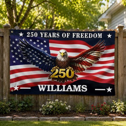 FLG-374-American Flag Bald Eagle Banner, 250 Years Freedom Independence Day Williams Family Home Decoration