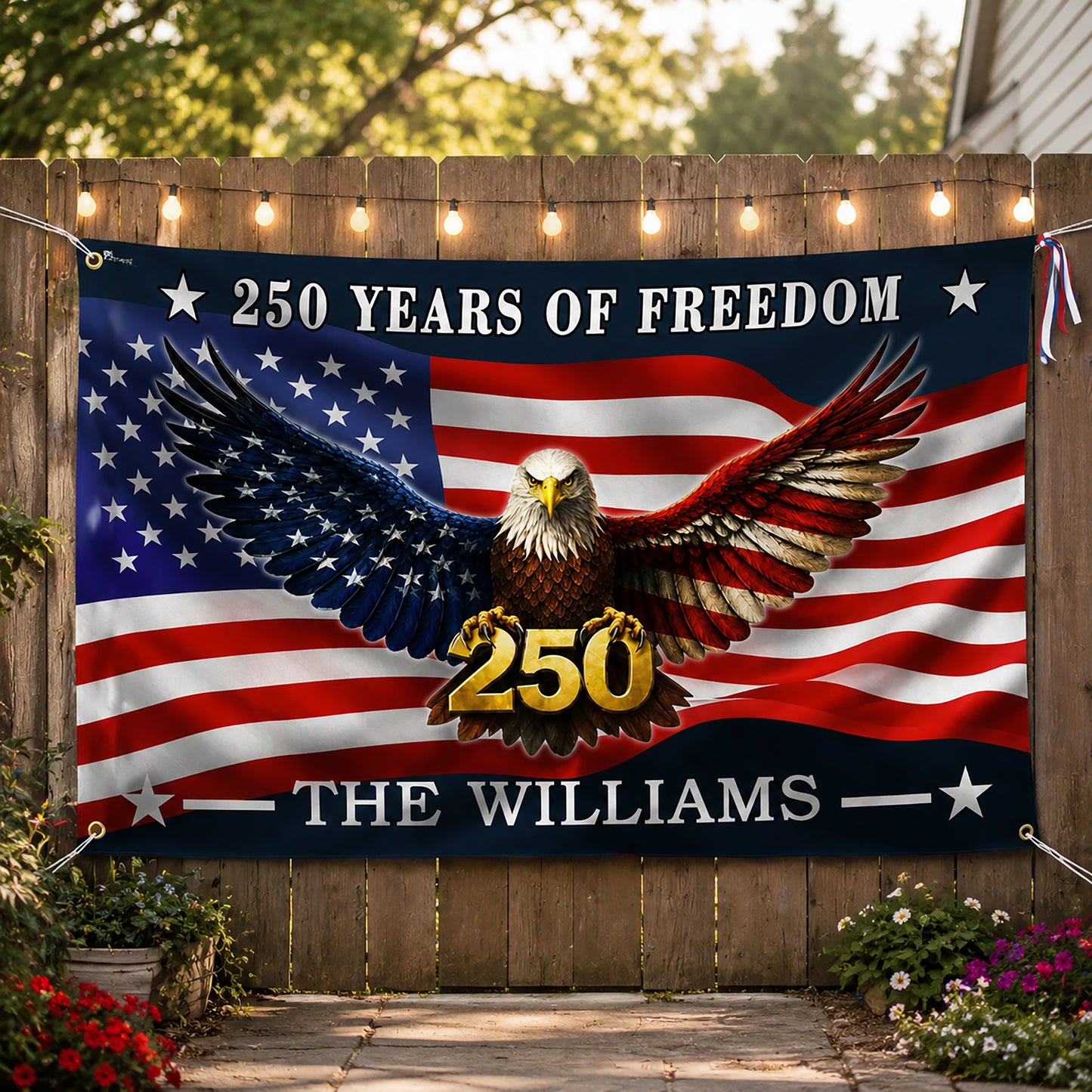 FLG-374-American Flag Bald Eagle Banner, 250 Years Freedom Independence Day Williams Family Home Decoration