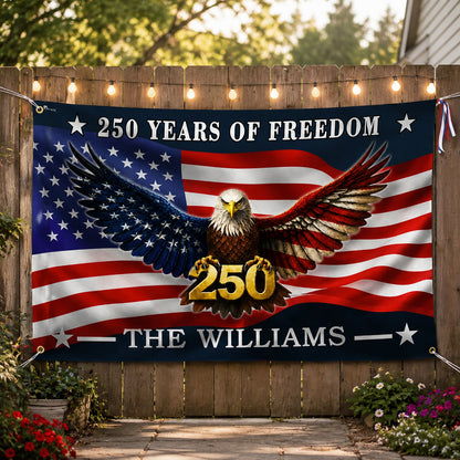 FLG-374-American Flag Bald Eagle Banner, 250 Years Freedom Independence Day Williams Family Home Decoration