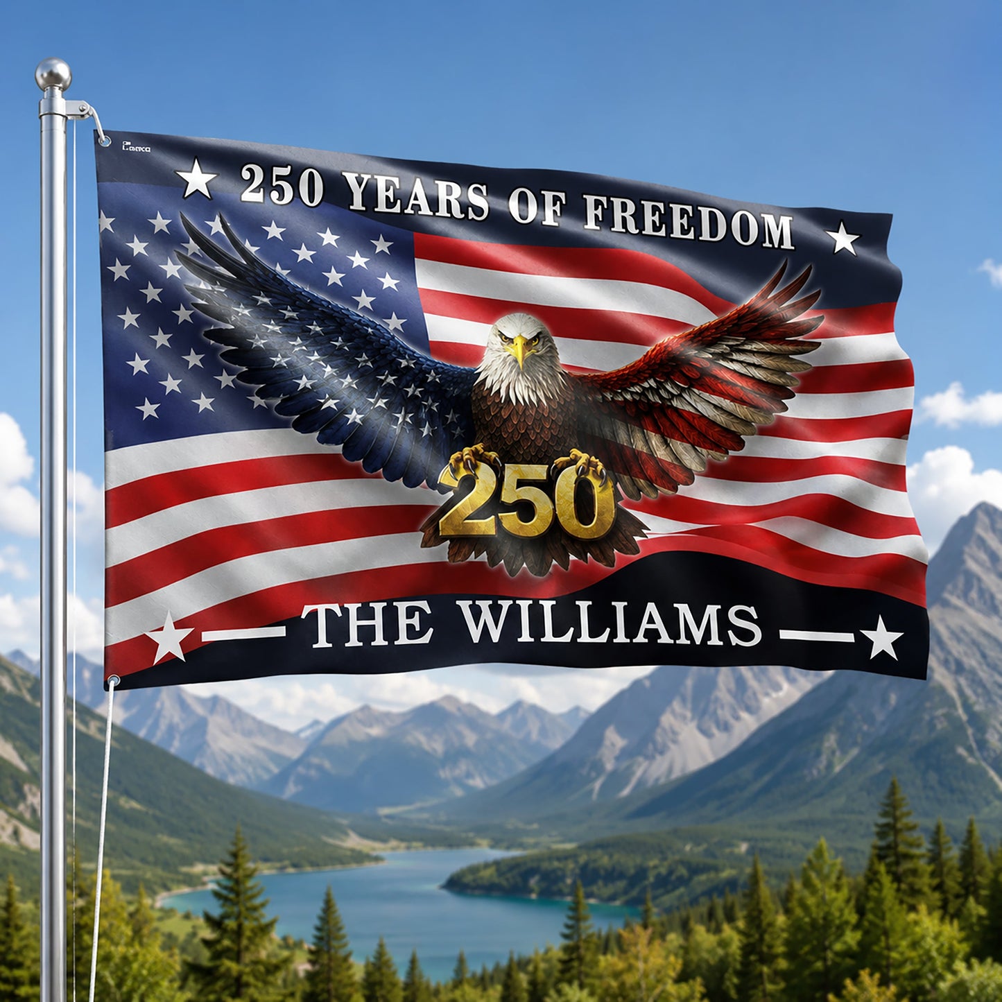 FLG-374-American Flag Bald Eagle Banner, 250 Years Freedom Independence Day Williams Family Home Decoration