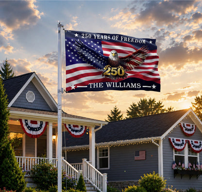 FLG-374-American Flag Bald Eagle Banner, 250 Years Freedom Independence Day Williams Family Home Decoration