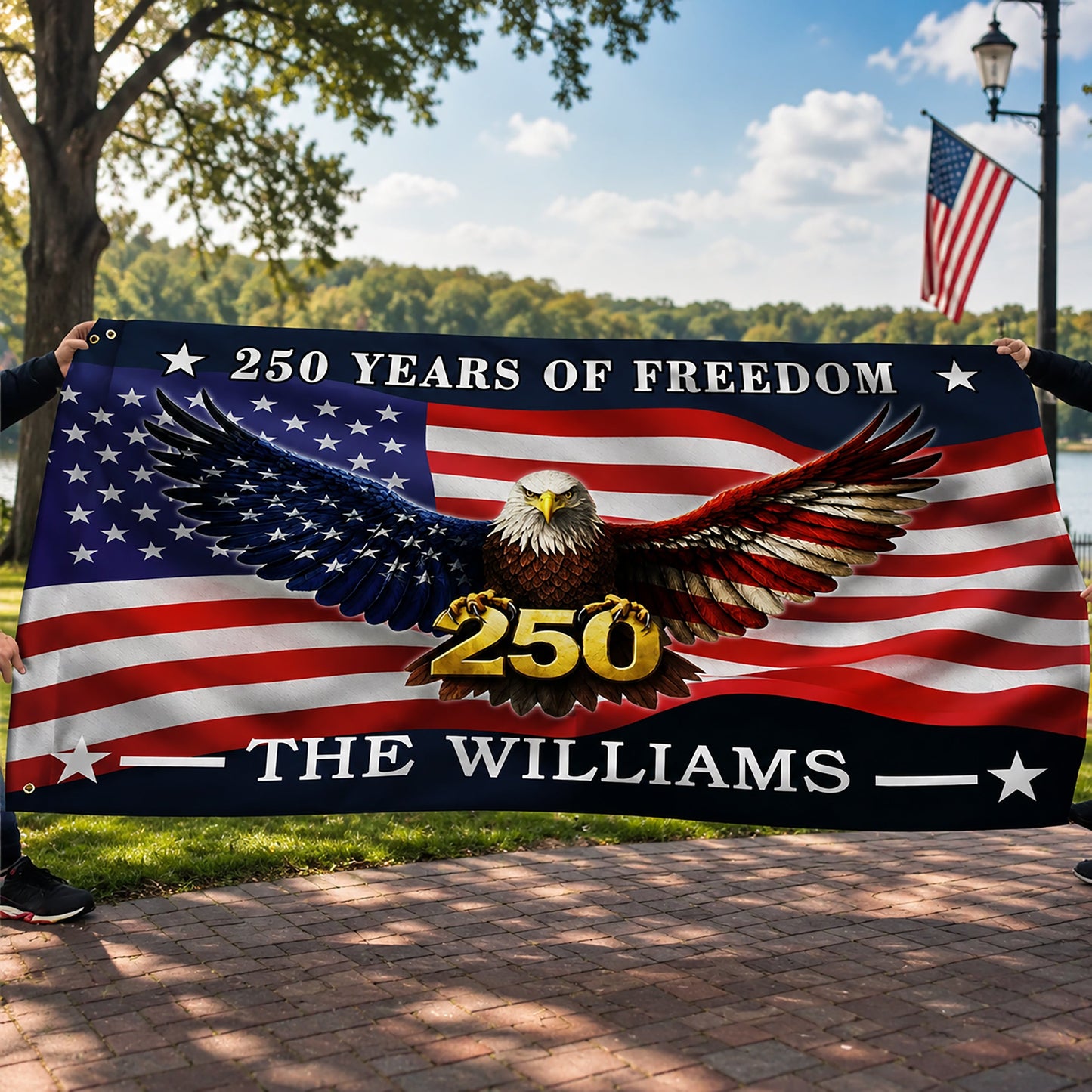 FLG-374-American Flag Bald Eagle Banner, 250 Years Freedom Independence Day Williams Family Home Decoration