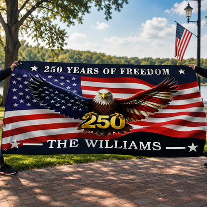 FLG-374-American Flag Bald Eagle Banner, 250 Years Freedom Independence Day Williams Family Home Decoration