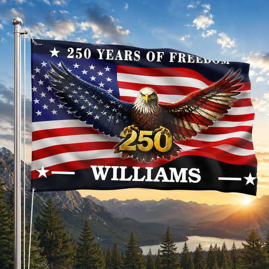 FLG-374-American Flag Bald Eagle Banner, 250 Years Freedom Independence Day Williams Family Home Decoration