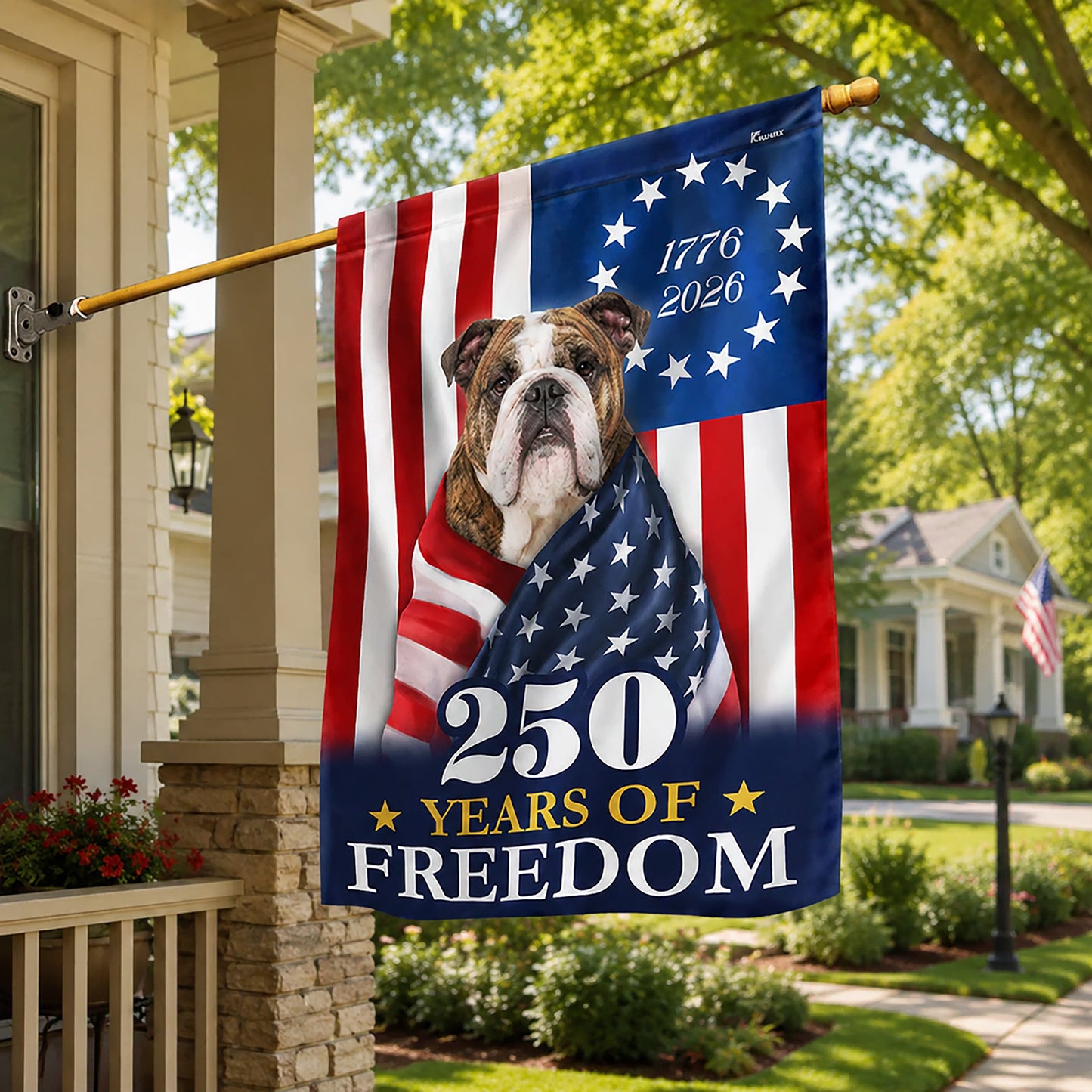 FLG-376-Patriotic USA Garden Flag, Bulldog Semiquincentennial 250th Anniversary Banner Outdoor Decoration