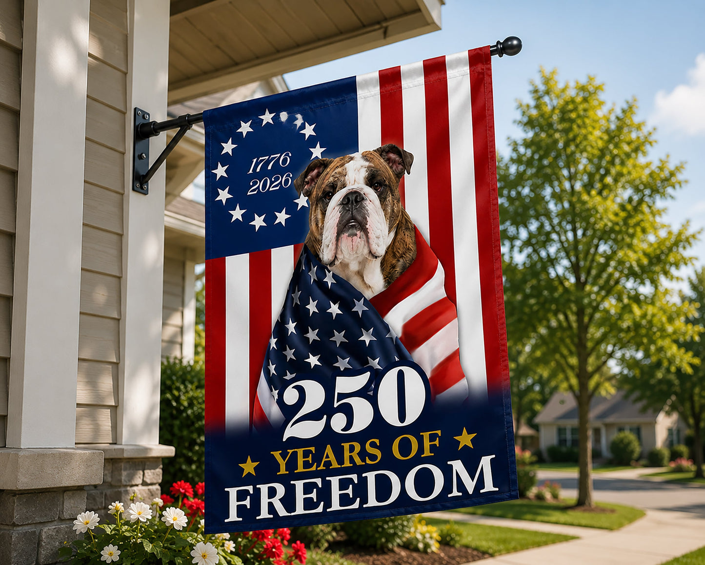 FLG-376-Patriotic USA Garden Flag, Bulldog Semiquincentennial 250th Anniversary Banner Outdoor Decoration