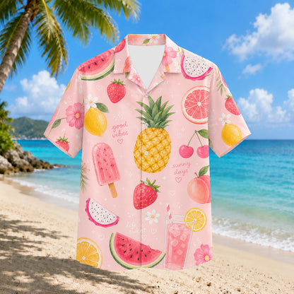 HW-298-Pink Satin Fruit Hawaiian Apparel, Pineapple Watermelon Pattern Short Resort Beach Shirt Clothing