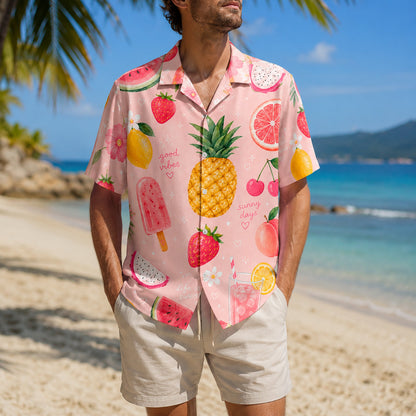 HW-298-Pink Satin Fruit Hawaiian Apparel, Pineapple Watermelon Pattern Short Resort Beach Shirt Clothing