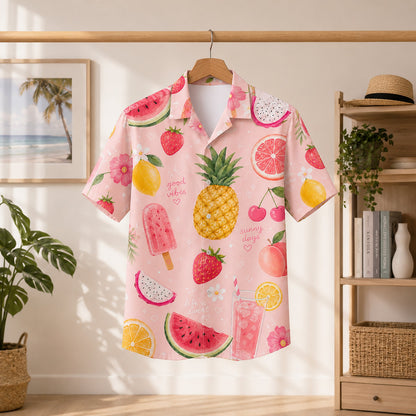 HW-298-Pink Satin Fruit Hawaiian Apparel, Pineapple Watermelon Pattern Short Resort Beach Shirt Clothing