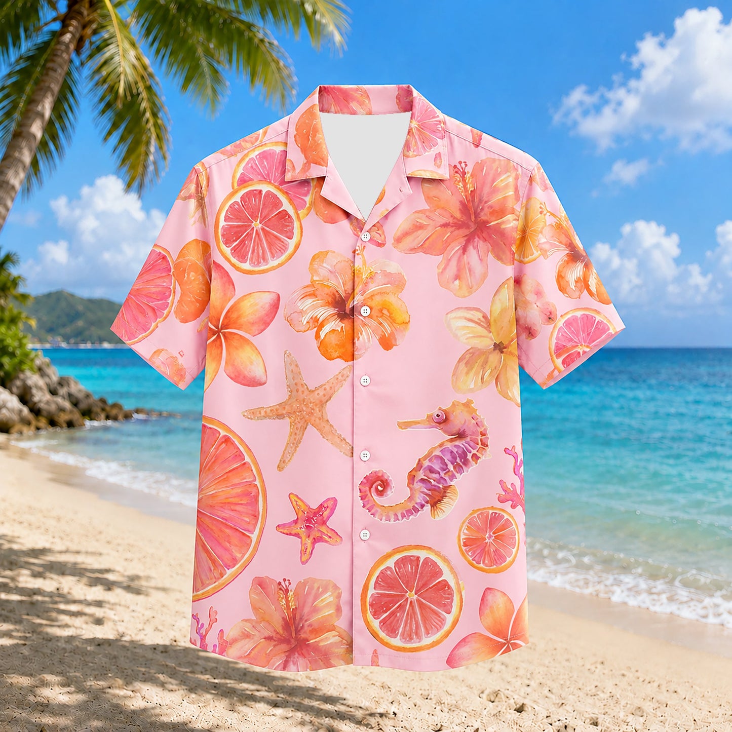 HW-299-Pink Citrus Grapefruit Hibiscus Floral Seahorse Starfish Graphic Casual Summer Resort Wear Hawaiian Shirt