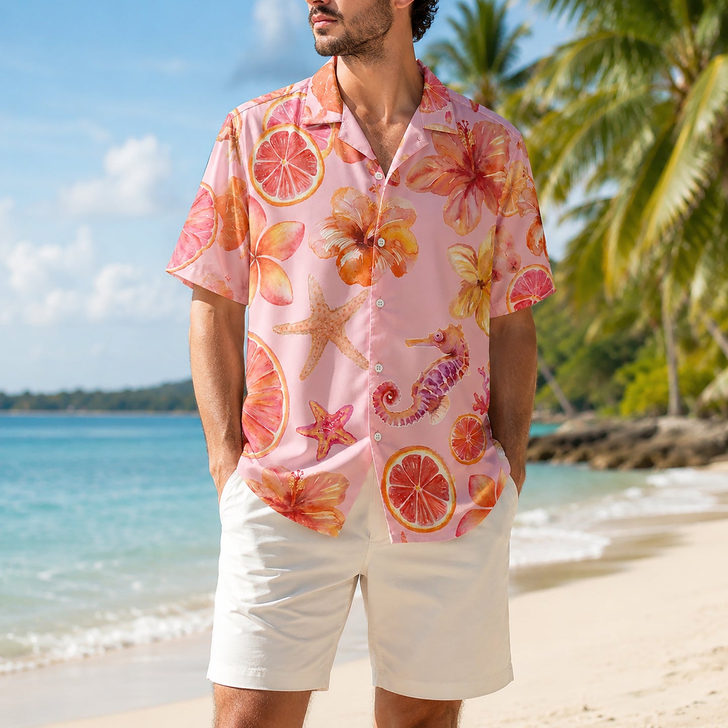HW-299-Pink Citrus Grapefruit Hibiscus Floral Seahorse Starfish Graphic Casual Summer Resort Wear Hawaiian Shirt