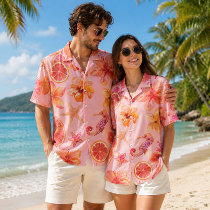 HW-299-Pink Citrus Grapefruit Hibiscus Floral Seahorse Starfish Graphic Casual Summer Resort Wear Hawaiian Shirt